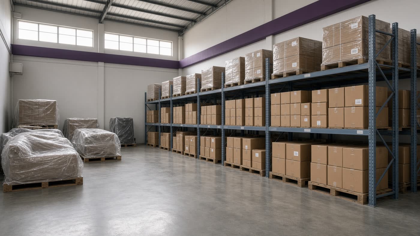 Rak gudang berisi kardus tersegel