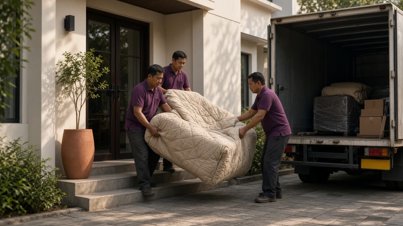 Kru mengangkat sofa berbalut selimut ke truk