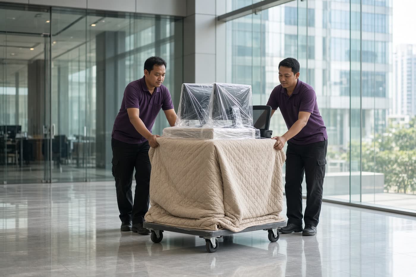 Relokasi kantor, meja dan perangkat dibungkus.